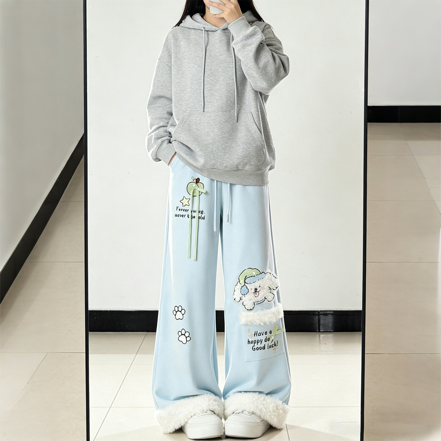 特大码女装胖mm可爱卡通羊羔毛直筒裤女高腰显瘦减龄休闲阔腿裤潮,女装/女士精品,大码裤装,淘宝优惠券,粉丝福利购,淘宝优惠卷