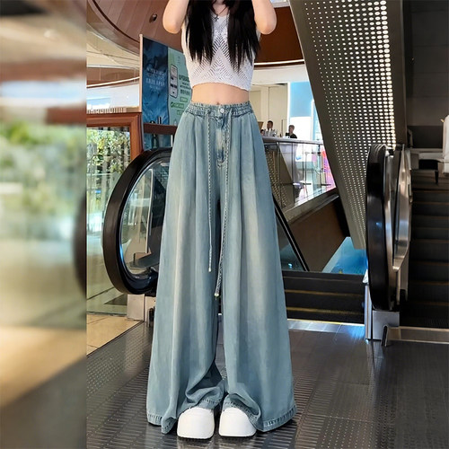 大码女装复古抽绳天丝阔腿牛仔裤