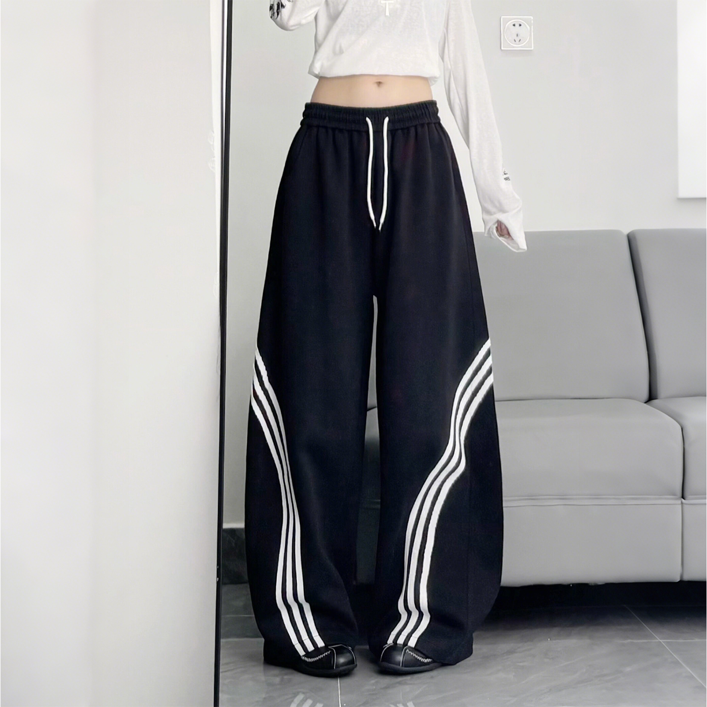 大码女装美式复古条纹阔腿裤