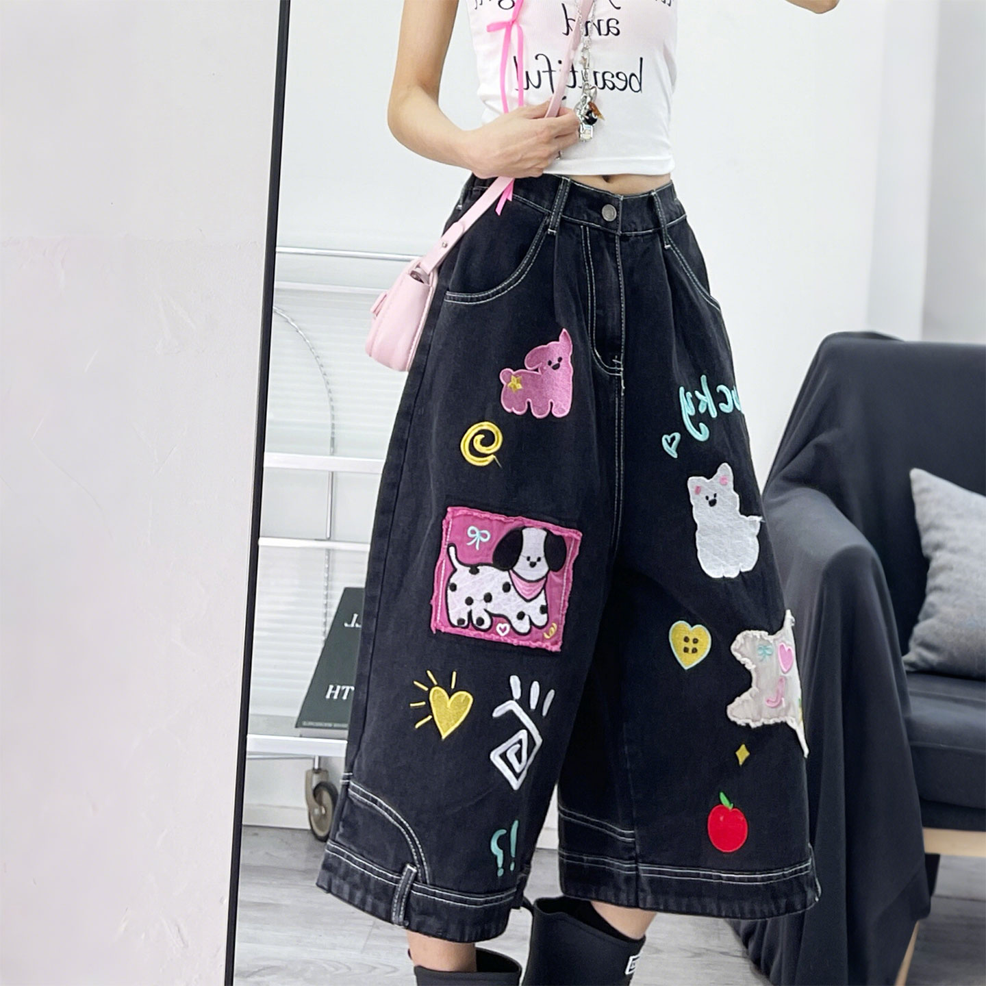 大码女装复古趣味卡通刺绣牛仔裤