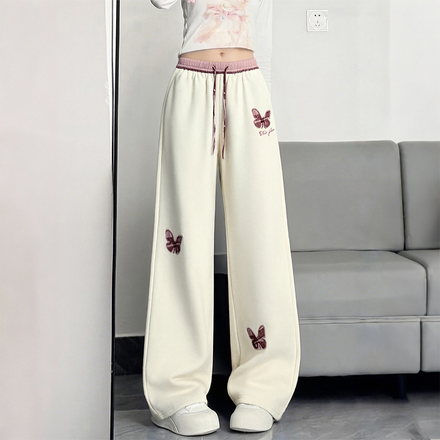 大码女装加绒刺绣显瘦阔腿卫裤