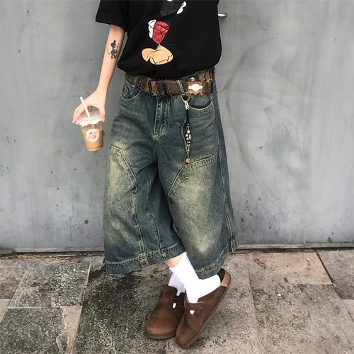 大码美式复古水洗牛仔短裤女