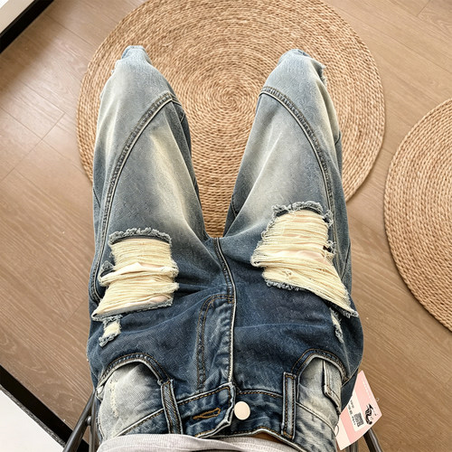 特大码女装胖mm美式高街破洞阔腿牛仔短裤女高腰显瘦做旧遮肉裤子