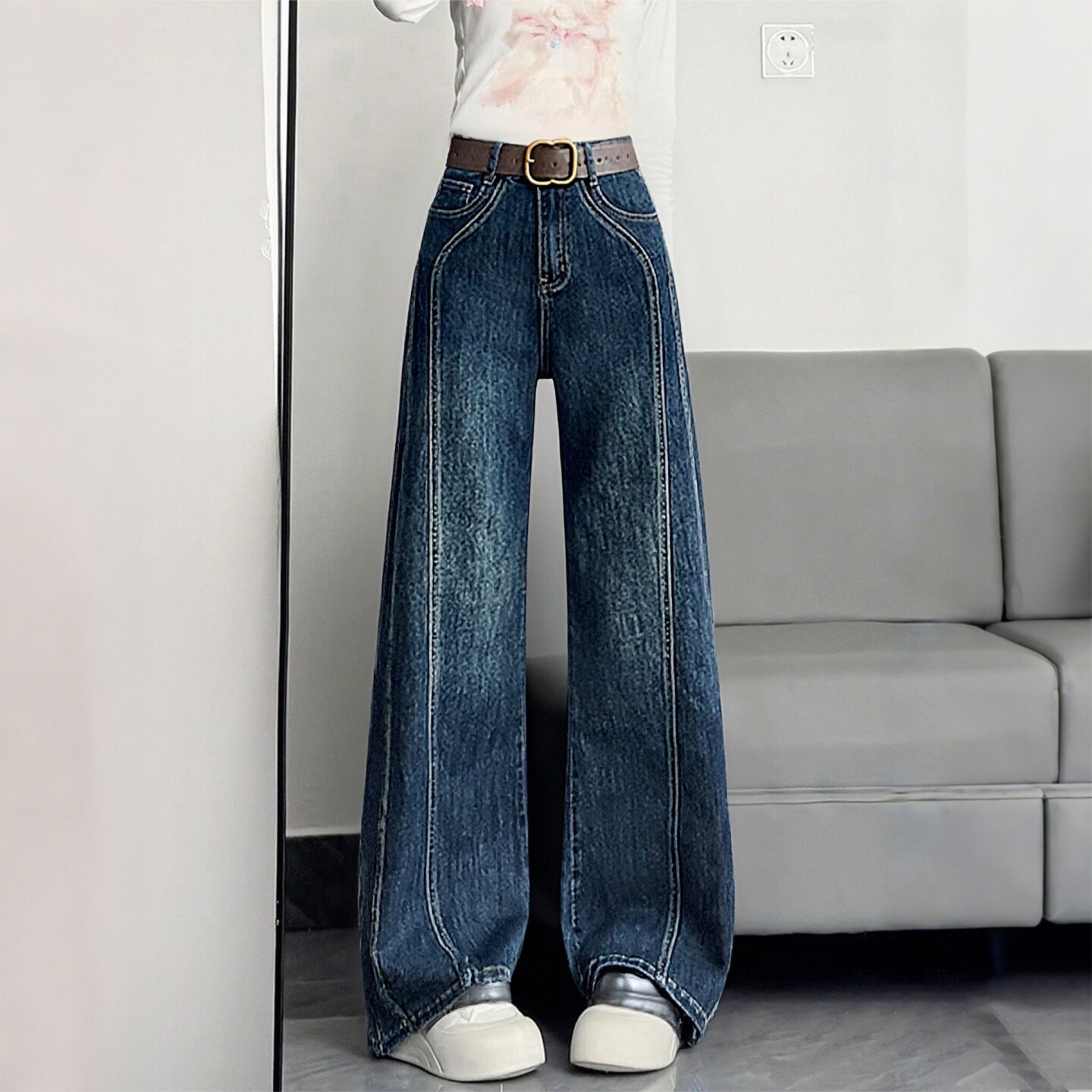 特大码女装胖mm韩版复古直筒牛仔裤女高腰显瘦百搭设计感阔腿裤潮,女装/女士精品,大码裤装,淘宝优惠券,粉丝福利购,淘宝优惠卷
