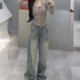 特大码 潮 女宽松显瘦直筒裤 女装 胖mm满天星烫钻重工高腰阔腿牛仔裤
