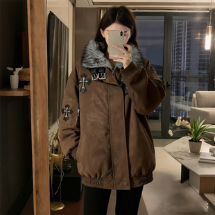 特大码 胖mm学院复古风棉服女加厚保暖毛领宽松百搭棉衣外套潮 女装