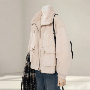 特大码 胖mm慵懒风简约羊羔毛棉服女韩系加厚保暖显瘦棉衣外套 女装