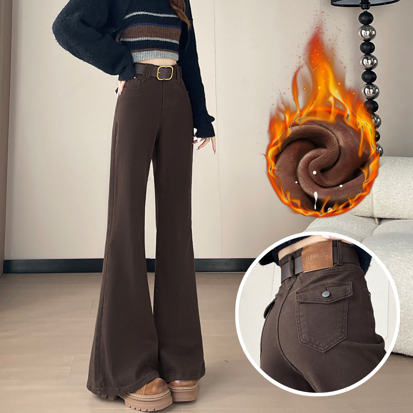 特大码女装胖mm复古喇叭牛仔裤女加绒加厚高腰遮肉咖色阔腿裤子潮,女装/女士精品,大码裤装,淘宝优惠券,粉丝福利购,淘宝优惠卷