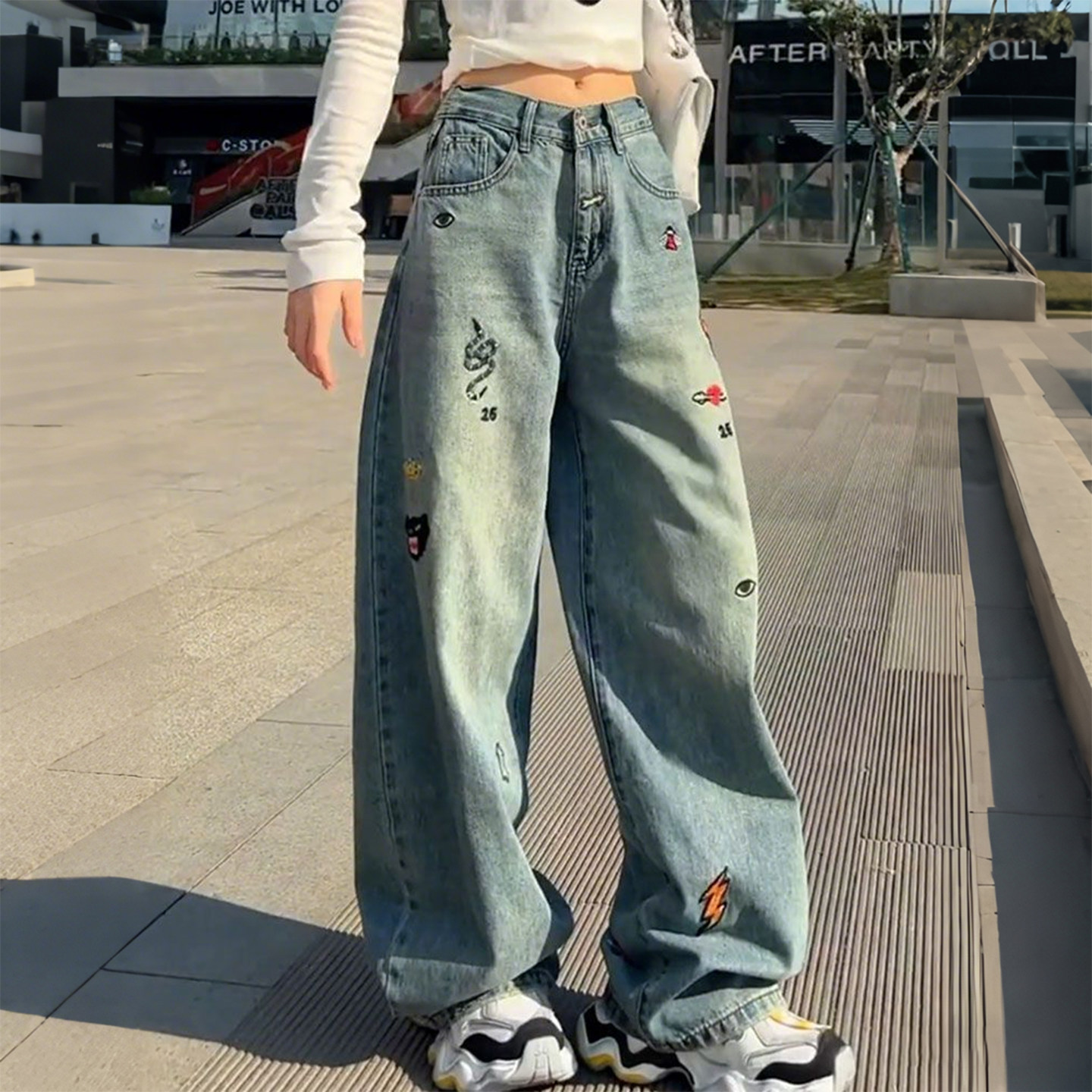 300斤大码女装胖mm美式风刺绣牛仔裤女高腰显瘦复古直筒阔腿裤潮,女装/女士精品,大码裤装,淘宝优惠券,粉丝福利购,淘宝优惠卷