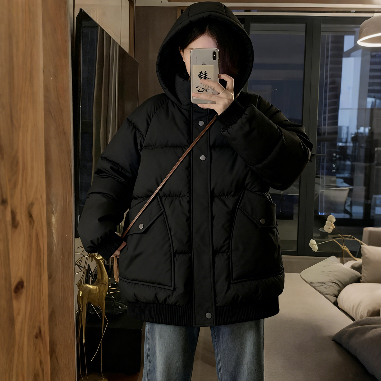 特大码女装胖mm黑色连帽面包服