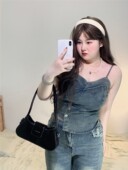 辣妹复古牛仔吊带背心女胖mm大码 300斤不规则性感显瘦内搭上衣