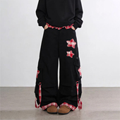 女装 胖mm工装 风星星刺绣大口袋阔腿牛仔裤 大码 女撞色格子阔腿裤 潮