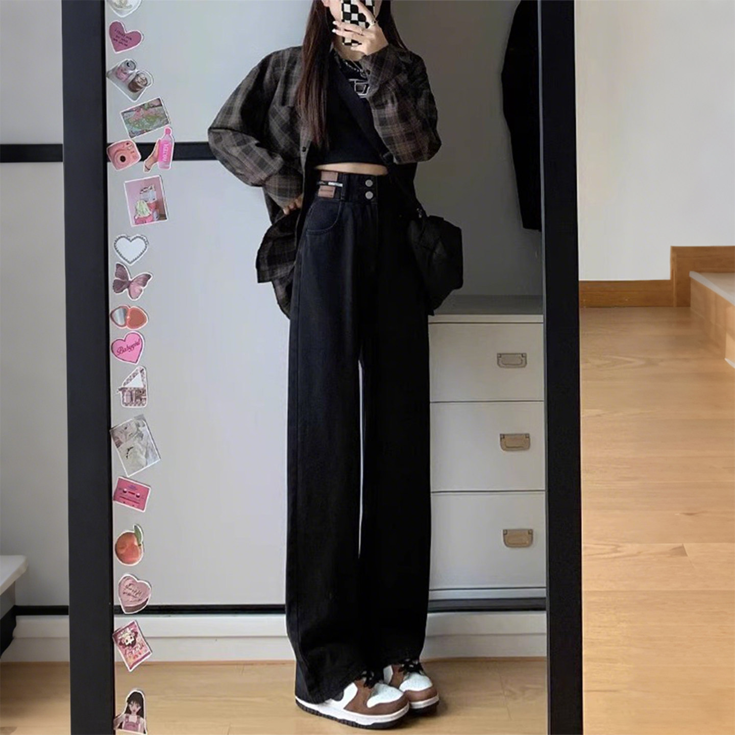 300斤大码女装胖mm黑色阔腿牛仔裤女高腰显瘦拖地慵懒风直筒裤潮