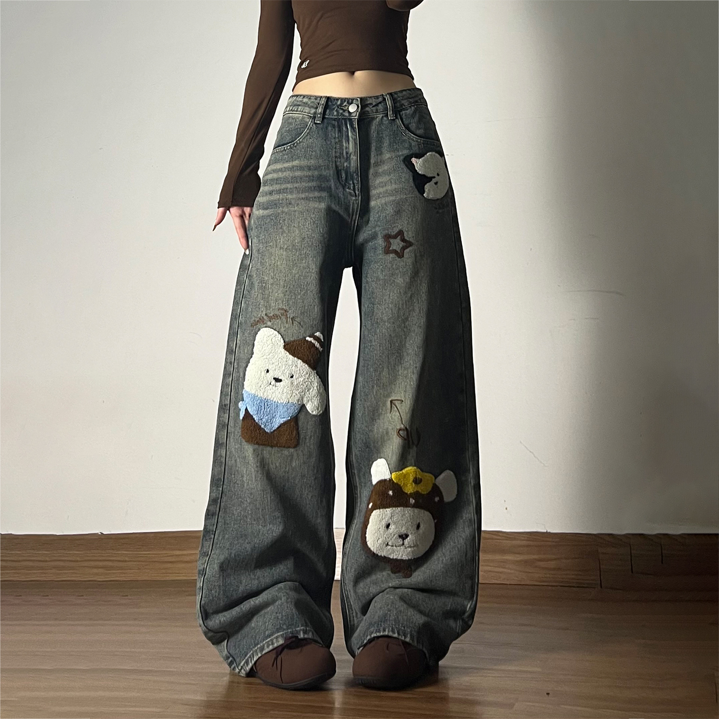 特大码女装胖mm卡通风牛仔裤