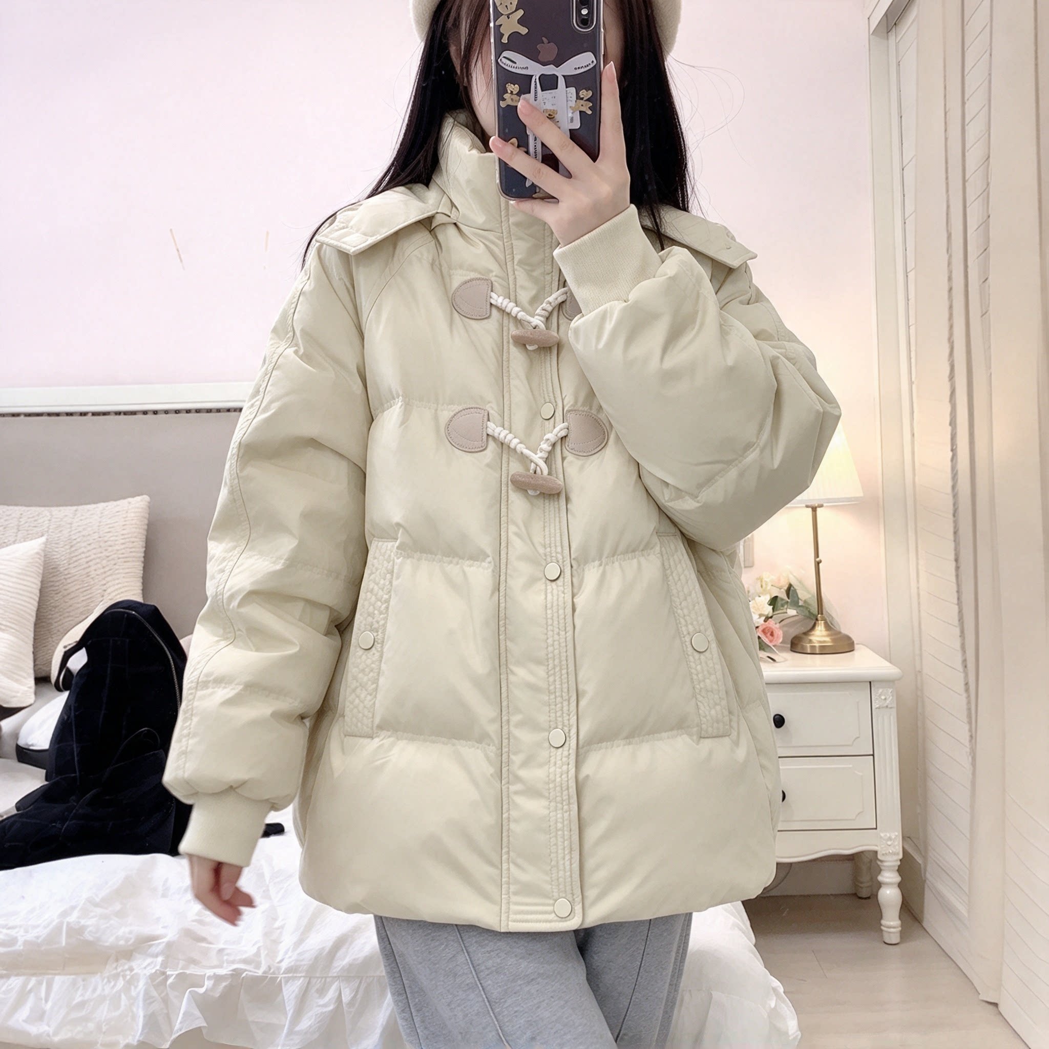 特大码女装胖mm牛角扣棉服女连帽加厚保暖宽松显瘦面包服棉衣外套