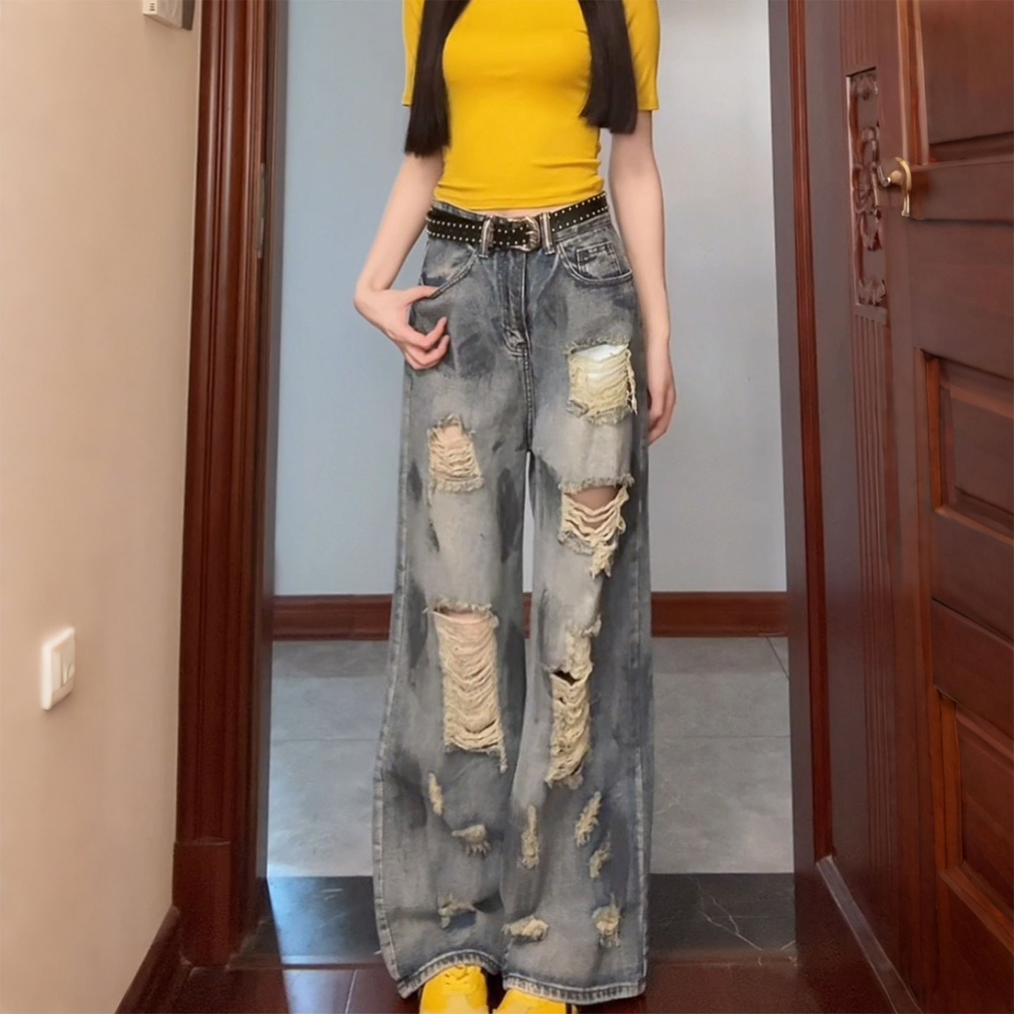 大码美式复古扎染阔腿破洞牛仔裤