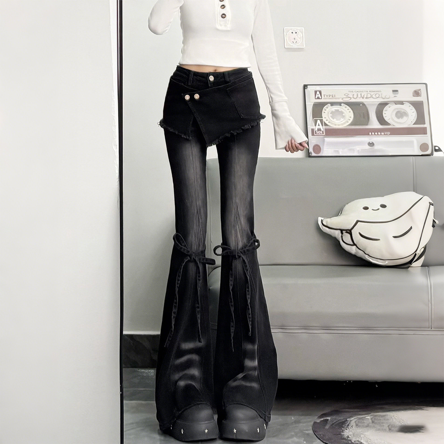 特大码女装胖mm复古辣妹风假两件牛仔喇叭裤女高腰显瘦百搭微喇裤,女装/女士精品,大码裤装,淘宝优惠券,粉丝福利购,淘宝优惠卷