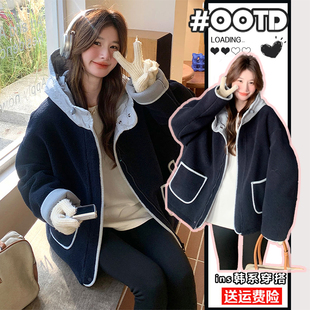 胖mm宽松撞色设计感棉服潮 假两件连帽羊羔毛外套女冬季 特大码 女装