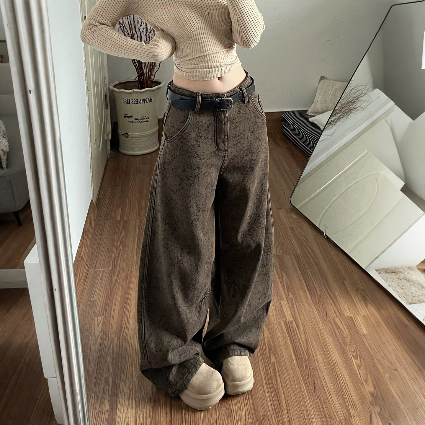 300大码女装胖mm高腰阔腿牛仔裤女咖色直筒宽松显瘦垂感拖地裤潮,女装/女士精品,大码裤装,淘宝优惠券,粉丝福利购,淘宝优惠卷