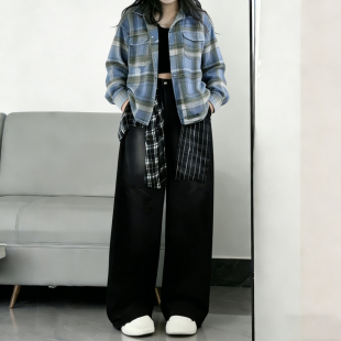 裤 特大码 女高腰显瘦设计感直筒工装 胖mm复古格纹阔腿牛仔裤 潮 女装