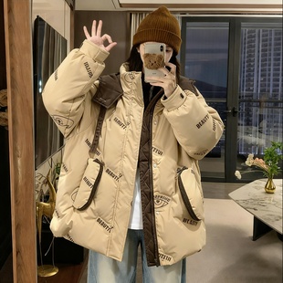 加厚保暖面包服外套潮 胖mm卡其色设计感印花棉服女冬季 特大码 女装
