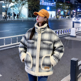 300斤胖mm大码 加厚保暖宽松显瘦棉衣外套 格纹设计立领棉服女冬季