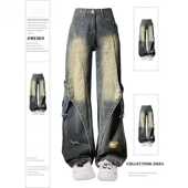 300斤大码 女胖mm梨型身材拼接设计感直筒长裤 女装 复古水洗牛仔裤