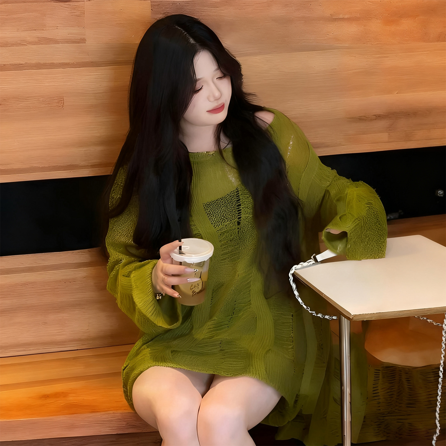 特大码女装慵懒风绿色镂空毛衣
