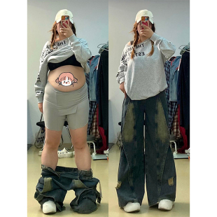 牛仔裤 复古工装 女秋季 裤 300斤胖mm大码 子梨形身材高腰阔腿裤 女装