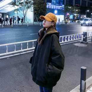 新款 胖mm学院风毛领连帽棉服女冬季 加厚保暖棉袄外套潮 女装 特大码