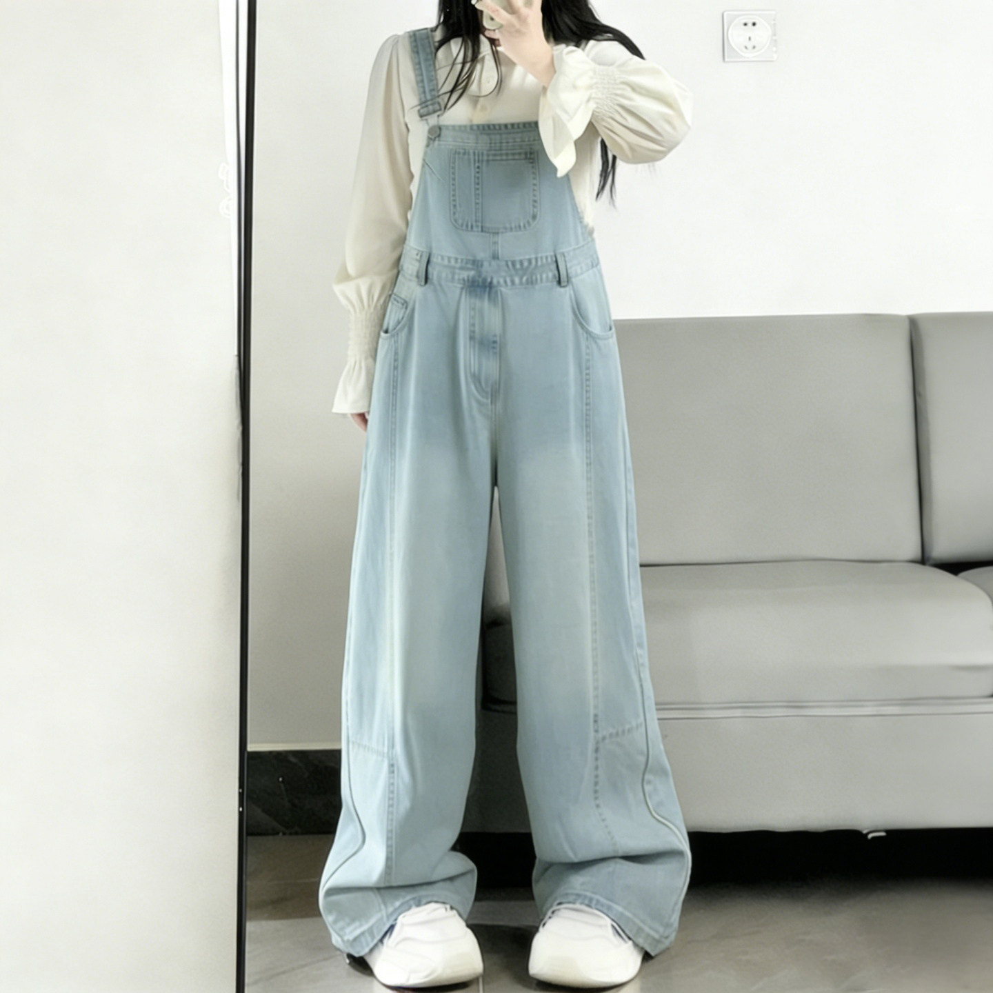 大码女装胖mm复古牛仔背带裤女宽松时尚百搭遮肉显瘦慵懒连体裤潮