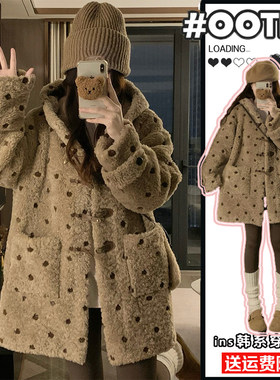 特大码女装胖mm羊羔毛波点外套女冬季时尚连帽加厚保暖毛绒棉服潮