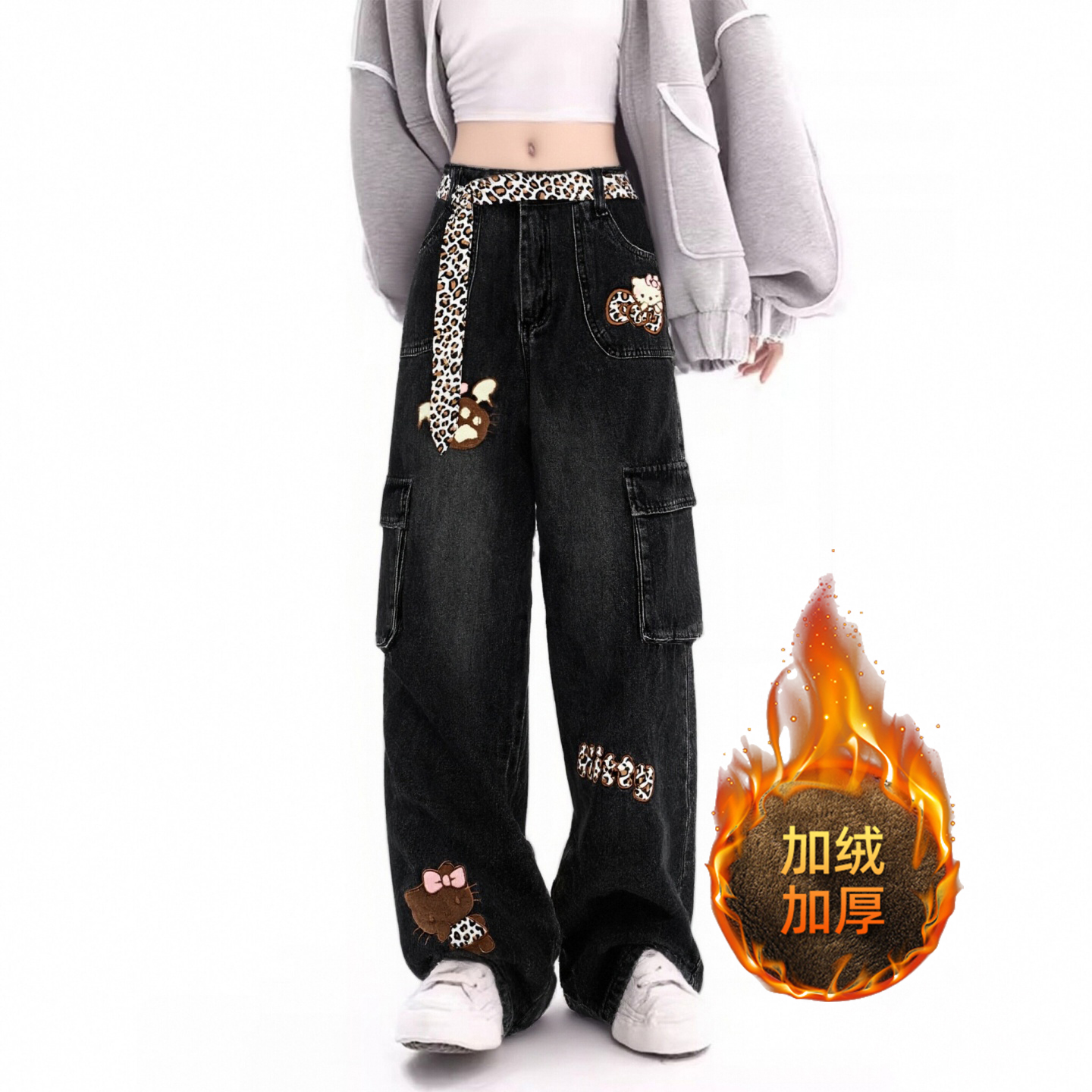 大码豹纹刺绣工装牛仔裤女