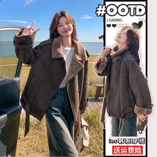 大码 胖mm复古设计感翻领棉衣外套女宽松显瘦皮毛一体保暖棉服 女装