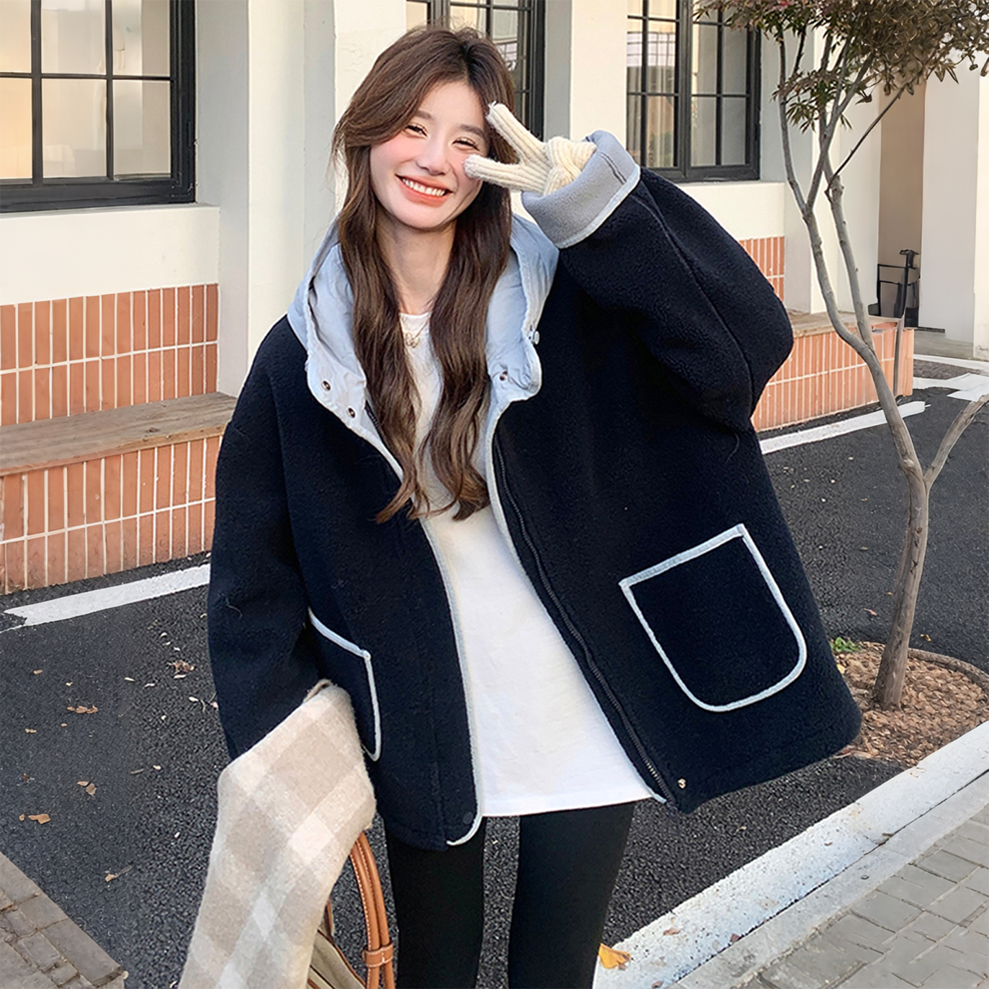 300斤特大码女装胖mm设计感撞色拼接连帽棉服女加厚保暖棉衣外套