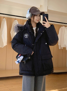 特大码女装加肥加大工装风大毛领棉服女加厚保暖连帽派克服棉袄潮