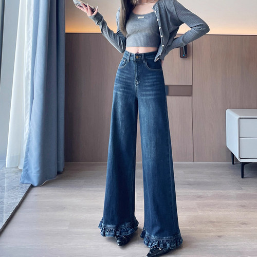 大码女装胖mm复古设计感木耳边阔腿牛仔裤女高腰显瘦垂感微喇长裤