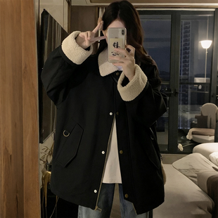 羊羔毛领棉服女冬季 胖mm韩版 加厚保暖宽松显瘦棉衣外套 女装 特大码