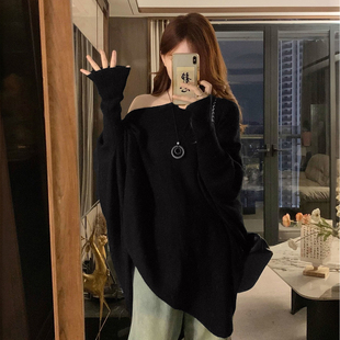 针织衫 胖mm慵懒风斜肩蝙蝠袖 女宽松显瘦百搭黑色休闲上衣 女装 大码