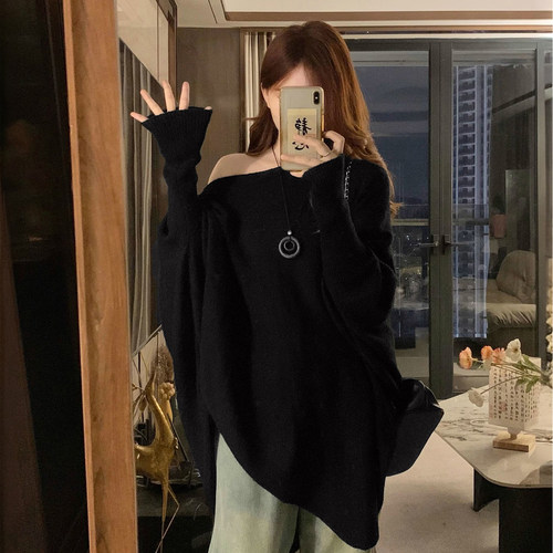 大码女装慵懒风斜肩蝙蝠袖针织衫