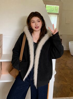 大码慵懒风连帽毛领棉服