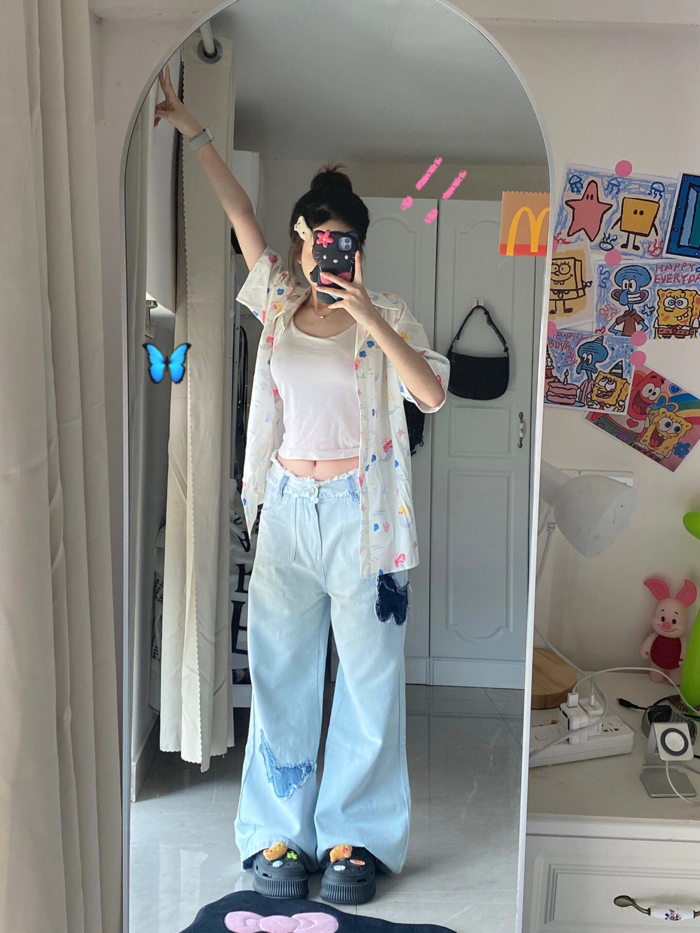 胖mm大码高腰直筒阔腿牛仔裤
