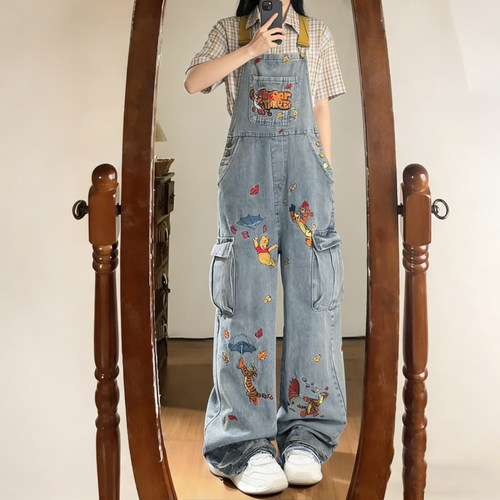 大码女装高腰显瘦刺绣牛仔背带裤