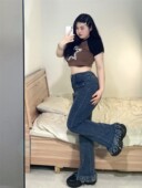 流苏毛边拖地高腰显瘦阔腿马蹄裤 300斤胖mm微喇牛仔裤 女特大码