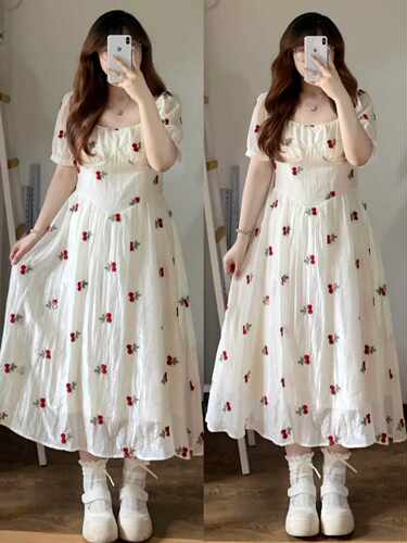 胖mm大码方领收腰泡泡袖连衣裙