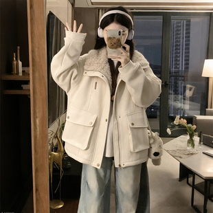宽松加厚保暖工装 胖mm羊羔毛领棉服女冬季 口袋棉衣外套 女装 特大码
