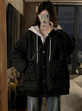 特大码女装胖mm设计感百搭菱格连帽棉服女假两件宽松加厚保暖外套