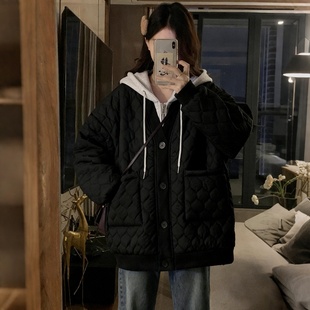 特大码 胖mm设计感百搭菱格连帽棉服女假两件宽松加厚保暖外套 女装