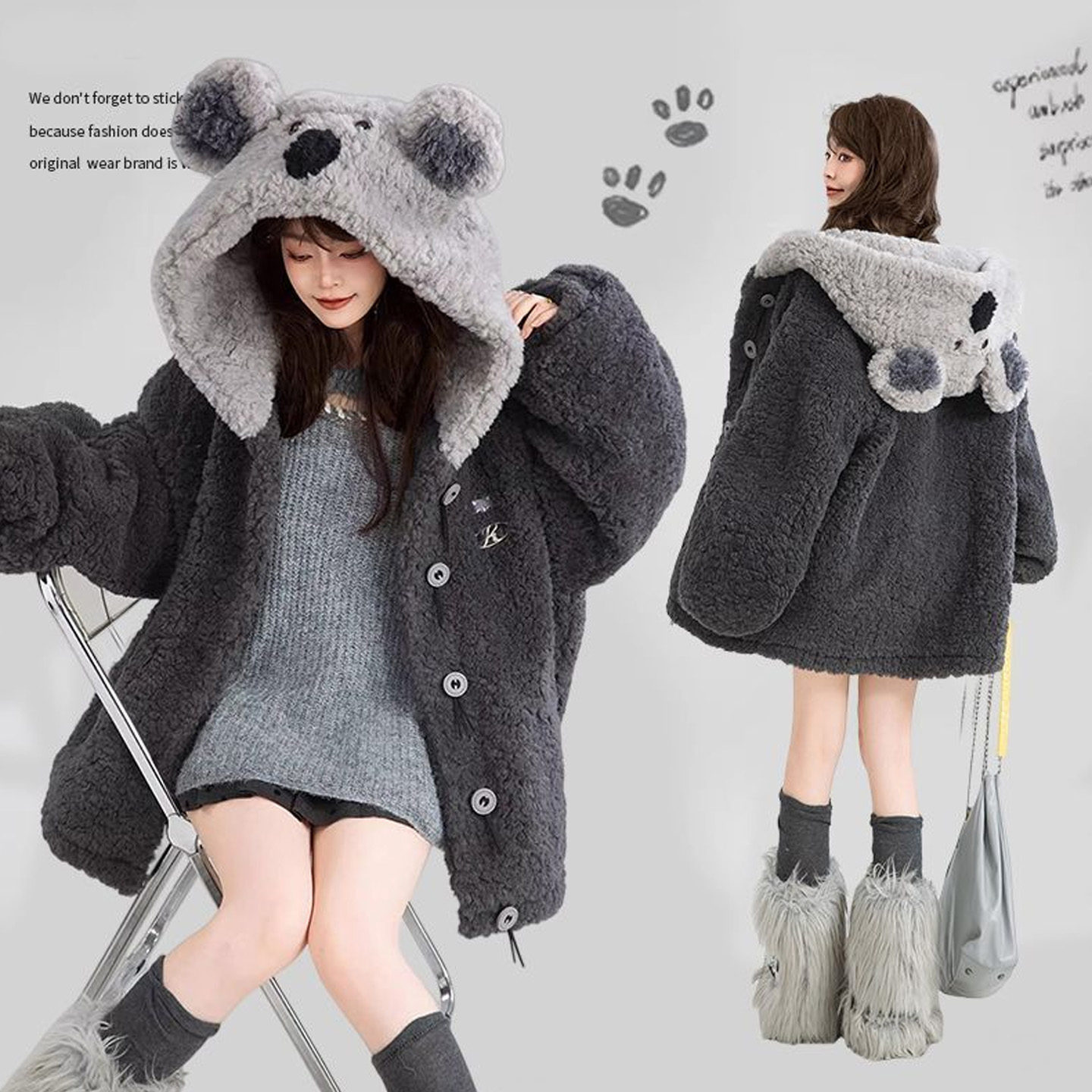 特大码可爱卡通连帽羊羔毛棉服