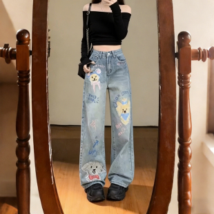 女高腰显瘦直筒裤 胖mm可爱风卡通涂鸦印花阔腿牛仔裤 子 女装 特大码